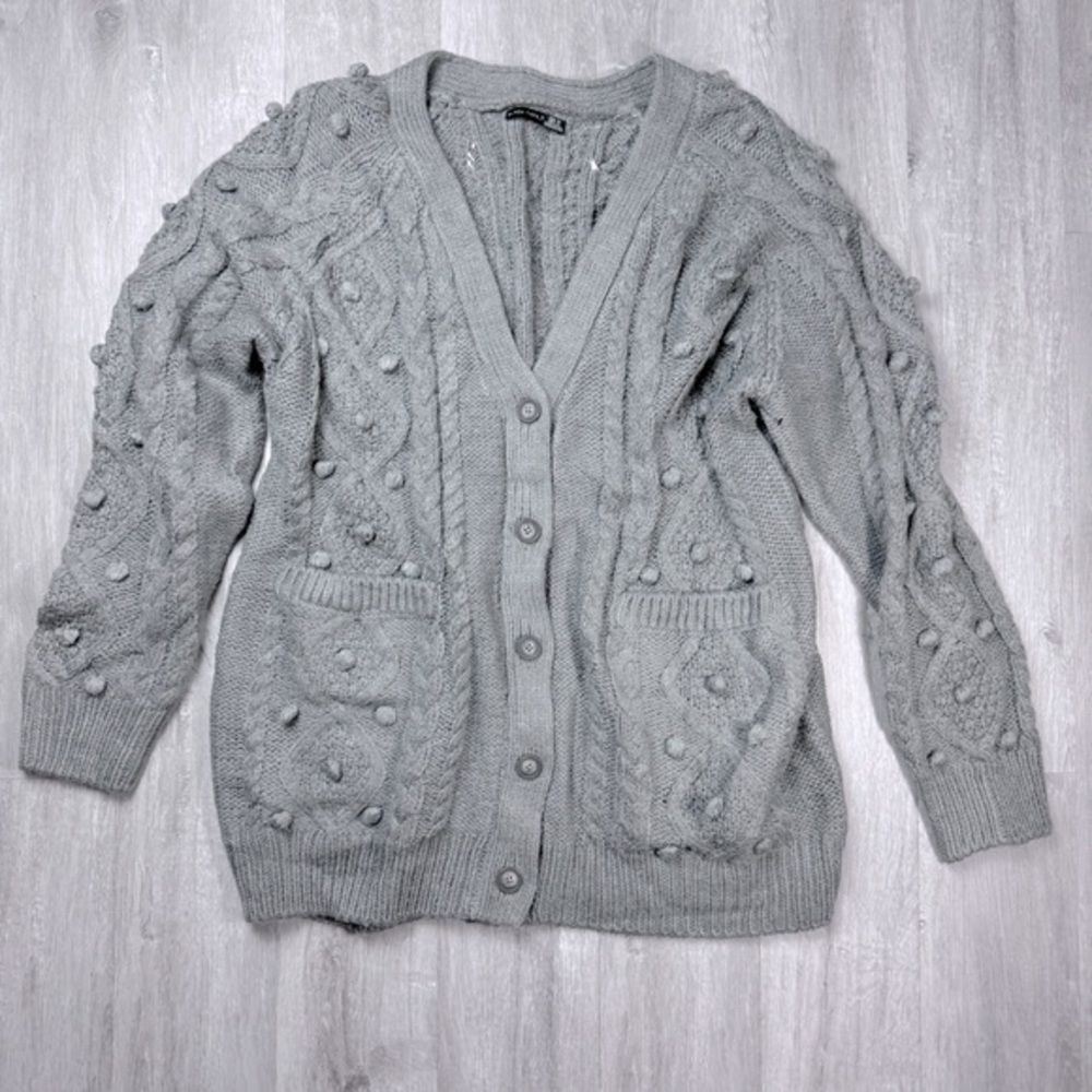 Gray Chunky Cable Knit Pom Pom Warm Cardigan Sweater 2X
